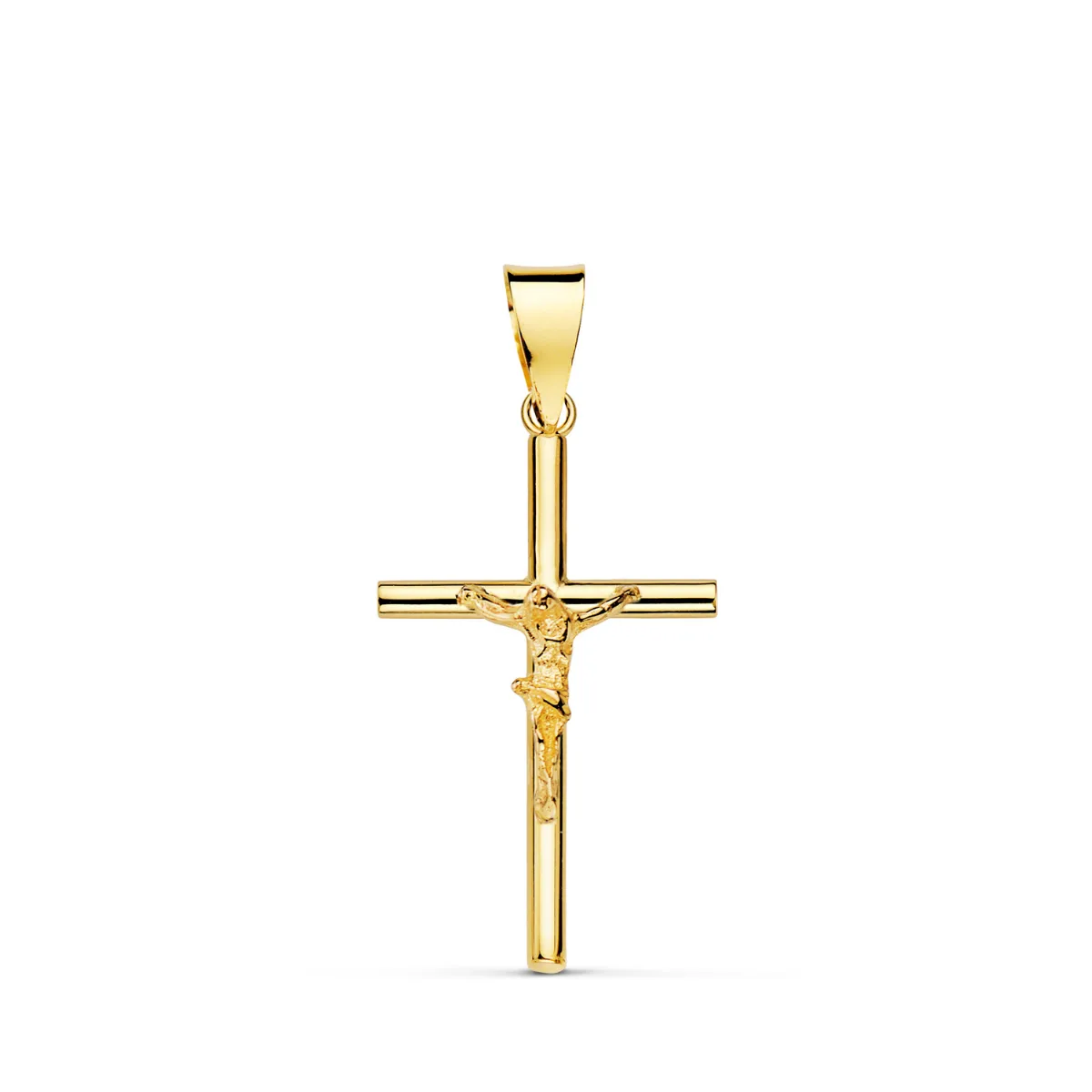 18K CRUZ ORO AMARILLO CON CRISTO TUBO HUECO 21 X 13 X 3 MM