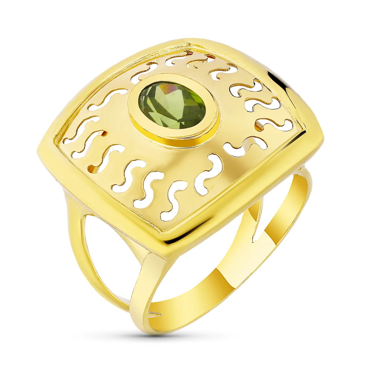 18K SORTIJA ORO AMARILLO MOTIVO CALADO CON CIRCONITA OLIVINA. ANCHO: 20 MM