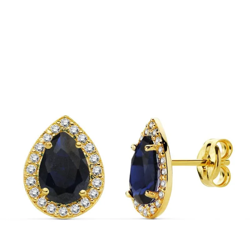 18K PENDIENTES ORO AMARILLO PIEDRA AZUL CIRCNONITAS 10X8 MM CIERRE PRESION