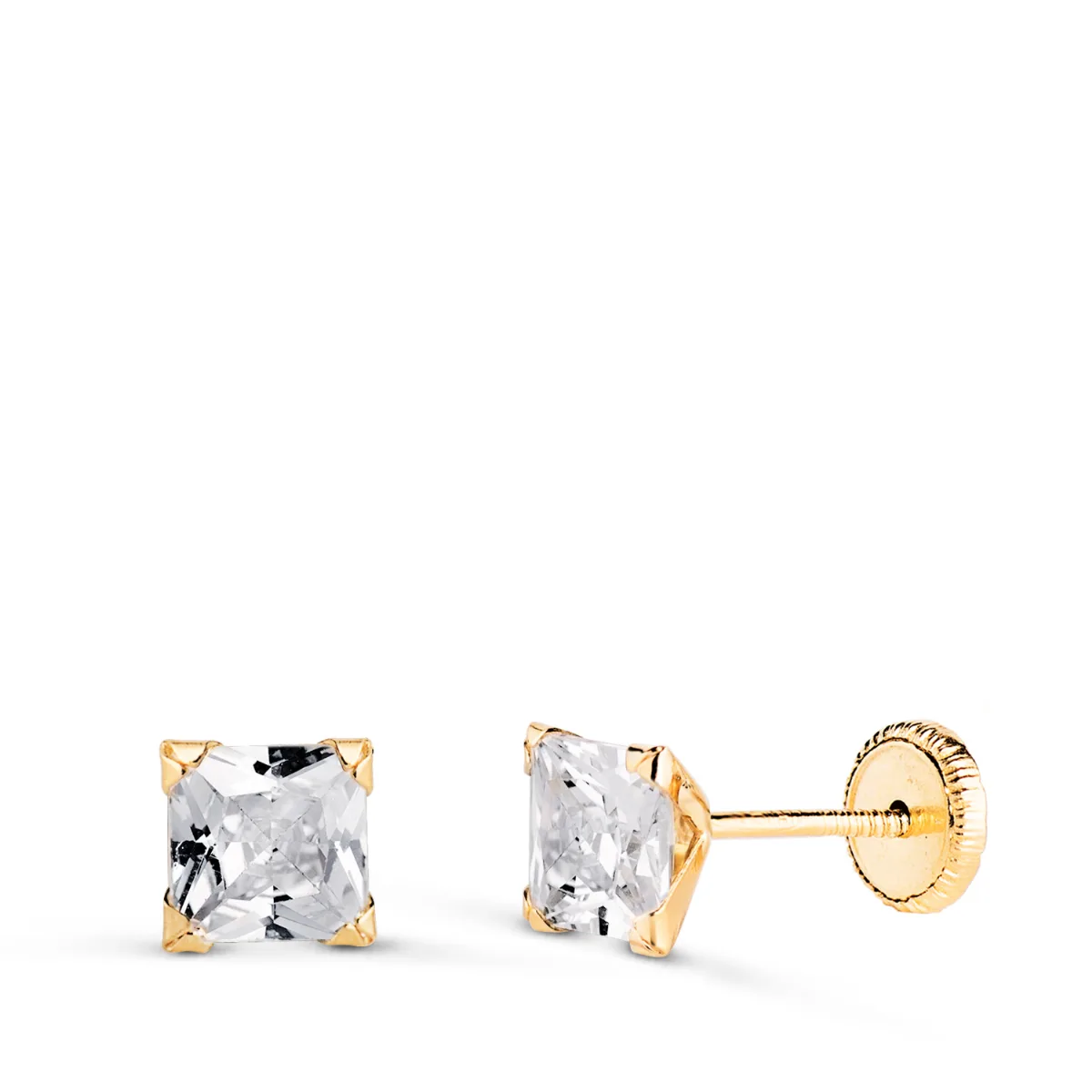 18K PENDIENTES ORO AMARILLO CIRCONITA CUADRADA CON 4 GARRAS. ANCHO: 5MM. CIERRE TUERCA