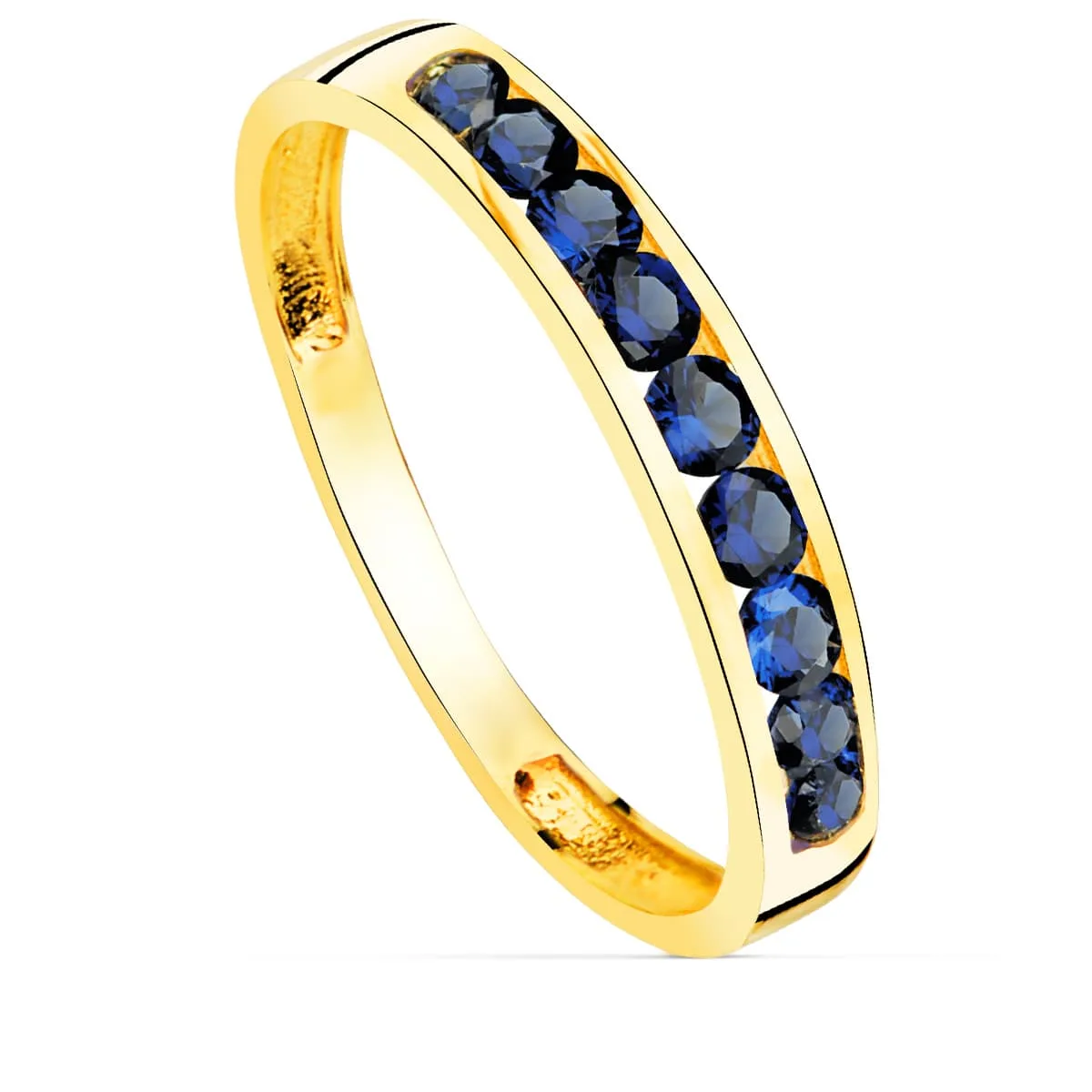 18K SORTIJA ORO AMARILLO 9 CIRCONITA AZULES. ANCHO CUERPO 3.5 MM