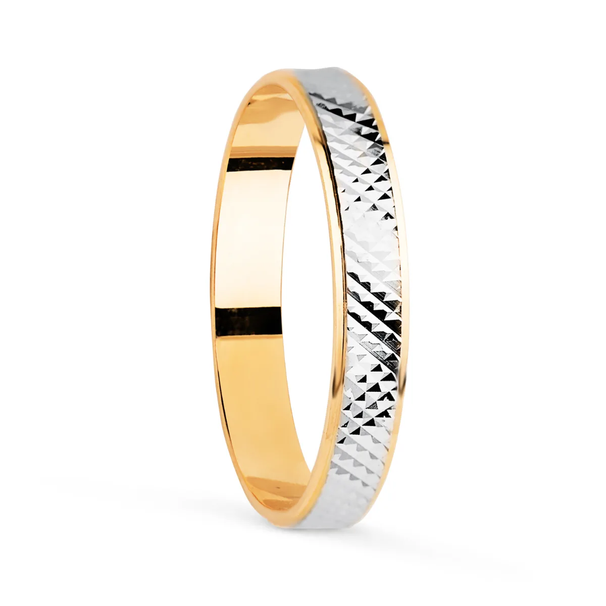 18K ALIANZA ORO BICOLOR TALLADA Y BORDES EN BRILLO. ANCHO: 3 MM. TALLA: 11