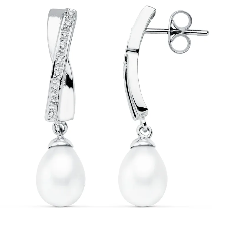 9K PENDIENTES ORO BLANCO PERLA 32X7 MM CIERRE PRESION