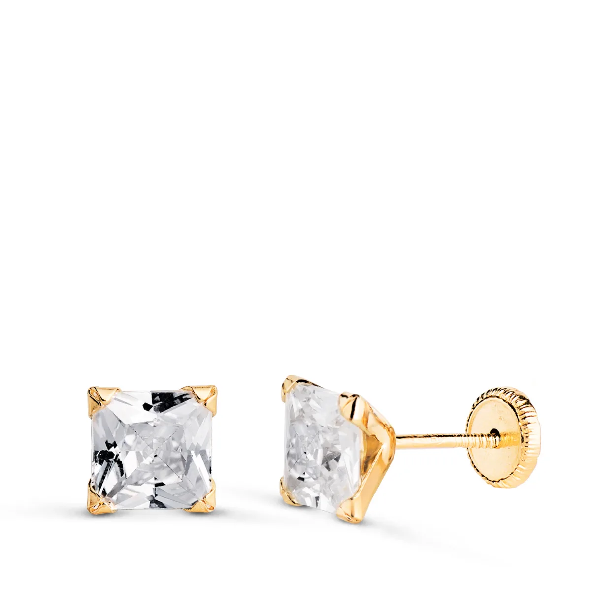 18K PENDIENTES ORO AMARILLO CIRCONITA CUADRADA CON 4 GARRAS. ANCHO: 6MM. CIERRE TUERCA