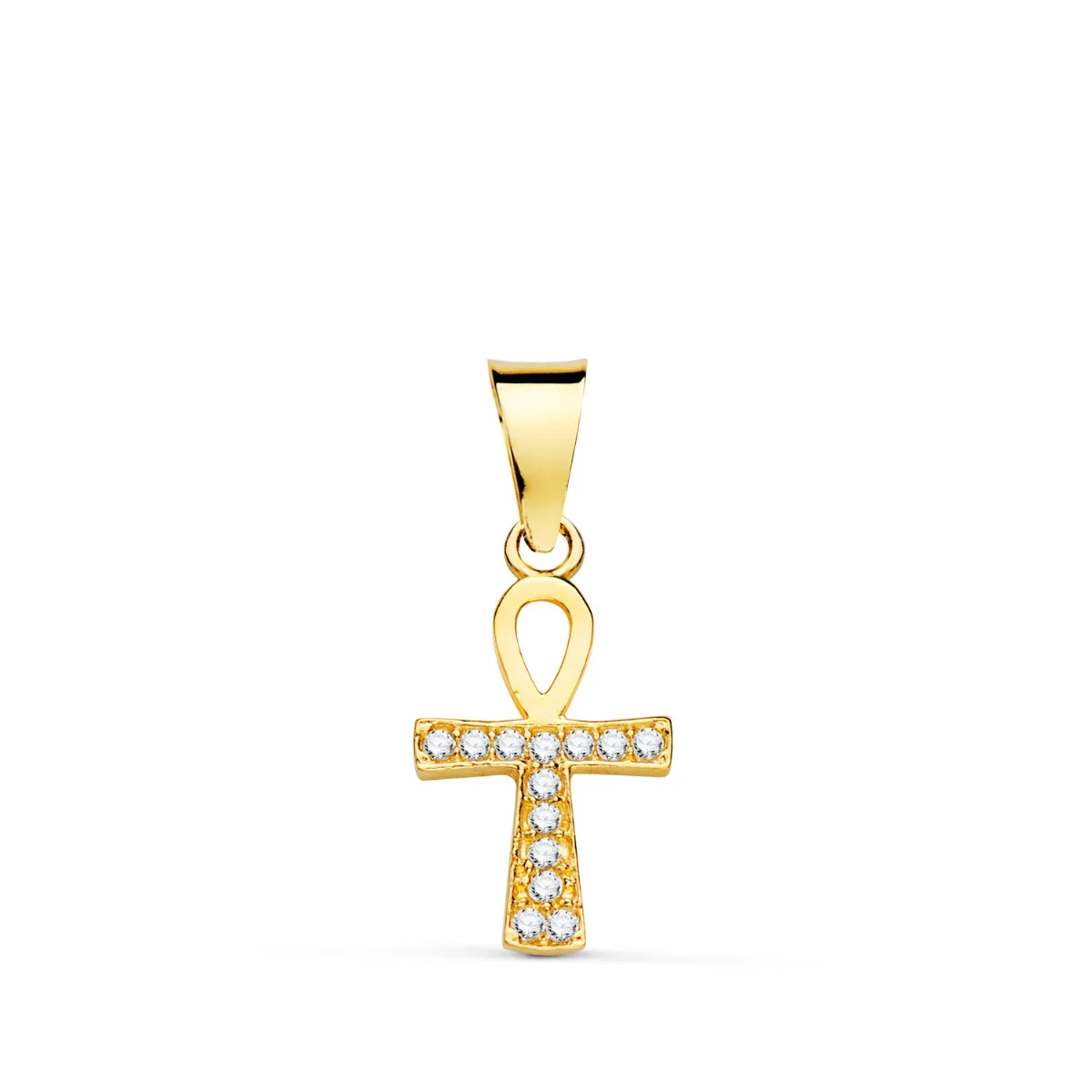 18K CRUZ DE LA VIDA EGIPCIA ORO AMARILLO CON CIRCONITA BLANCAS. 14 X 8 MM AMULETO EGIPCIO ANKH