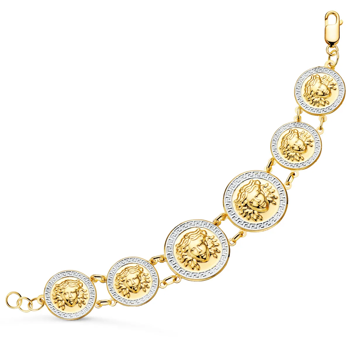 18K PULSERA ORO BICOLOR CON MEDUSAS DE 25 Y 20 MM EN BRILLO LARGO 20.5 CM