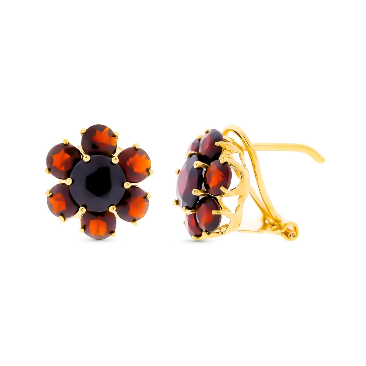 18K PENDIENTES ORO AMARILLO Y GRANATES 12X12 MM CIERRE OMEGA