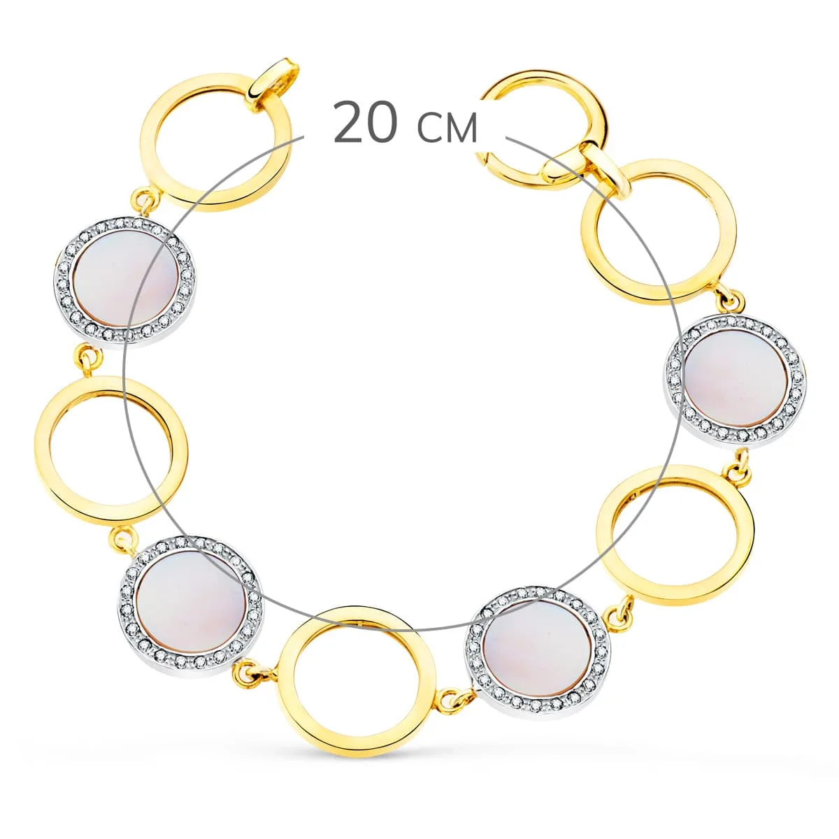 18K PULSERA ORO BICOLOR CIRCULOS CALADOS 16 MM Y NACAR ROSA 20CM — vista 2