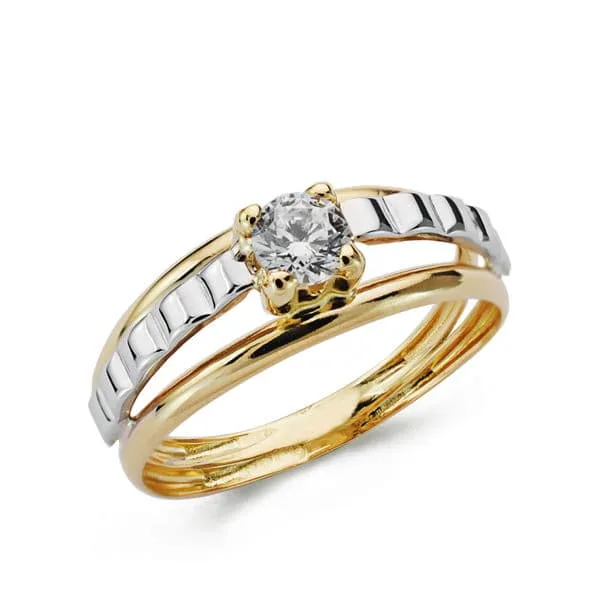 9K SORTIJA ORO BICOLOR DOBLE CUERPO CON MOTIVO Y CIRCONITA EN 4 GARRAS. ANCHO: 6,5 MM