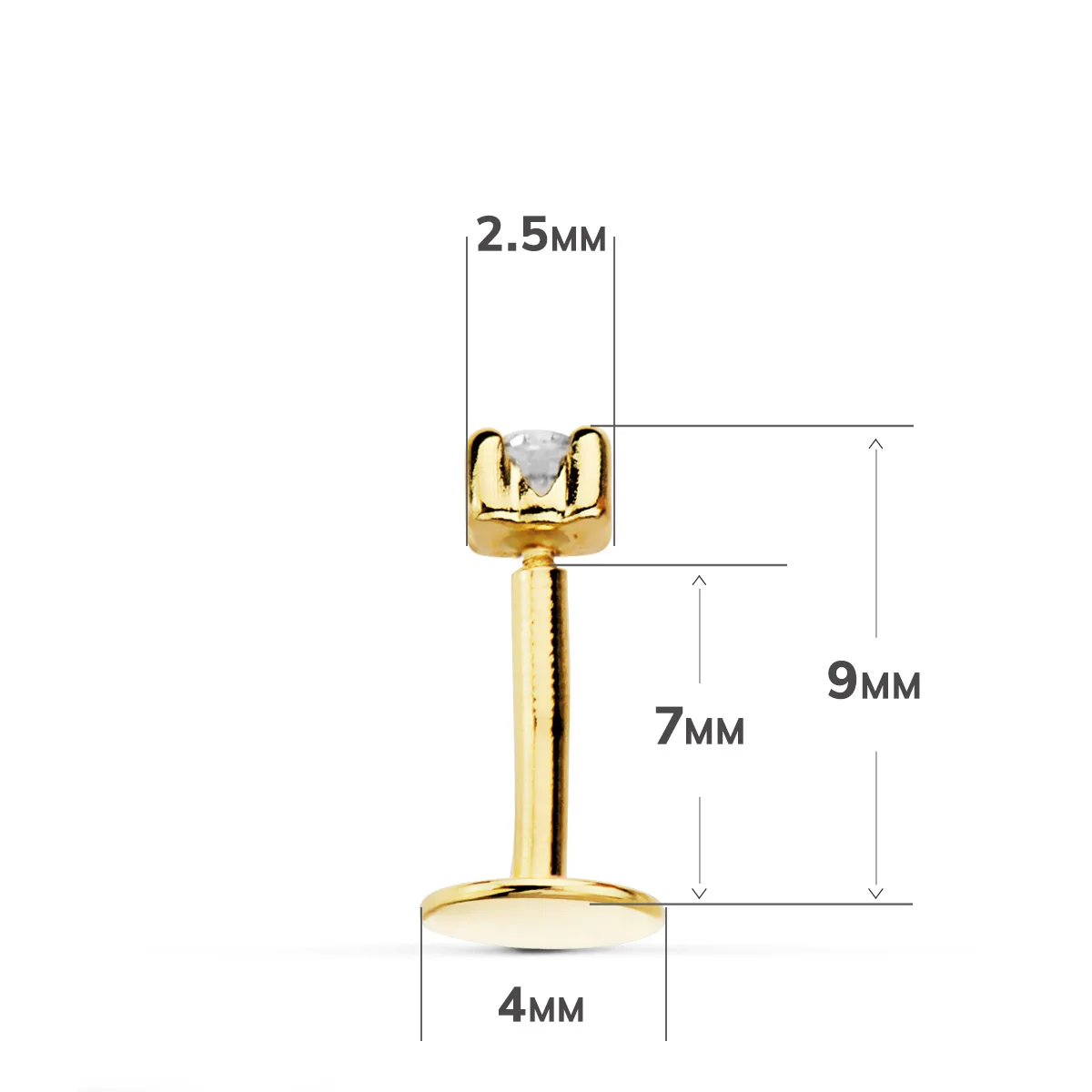 18K PIERCING LABIO ORO AMARILLO CIRCONITA GARRAS 2.5 MM GRUESO BARRA 1.20 MM LONGITUD 7 MM TOTAL PIERCING 9 MM CIERRE TUERCA — vista 3