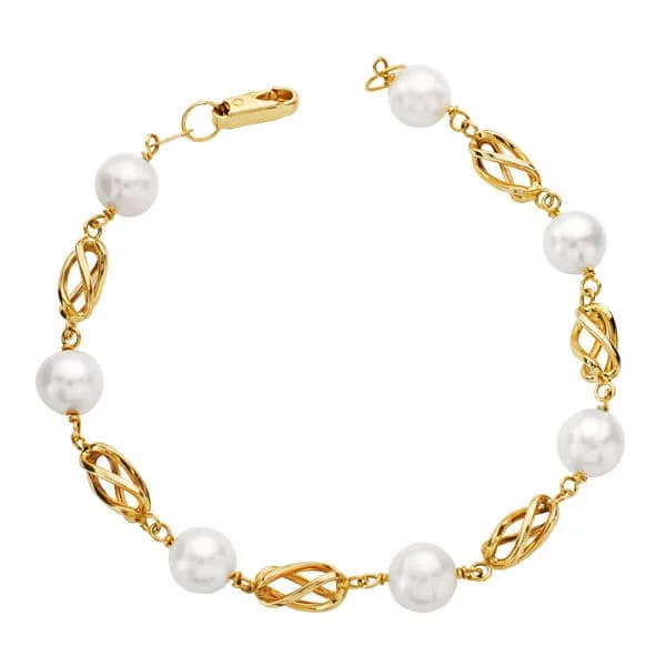 18K PULSERA ORO AMARILLO PERLA Y JAULA 19.5 CM