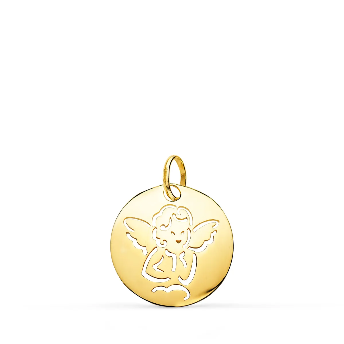 9K MEDALLA ORO AMARILLO ANGELITO ORO AMARILLO REDONDA CALADA TUMBO EN BRILLO 15 MM