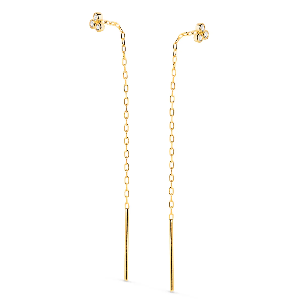 18K PENDIENTES ORO AMARILLO CON TRES CIRCONITA 3X3MM Y CADENA. LARGO: 56MM CIERRE PRESION