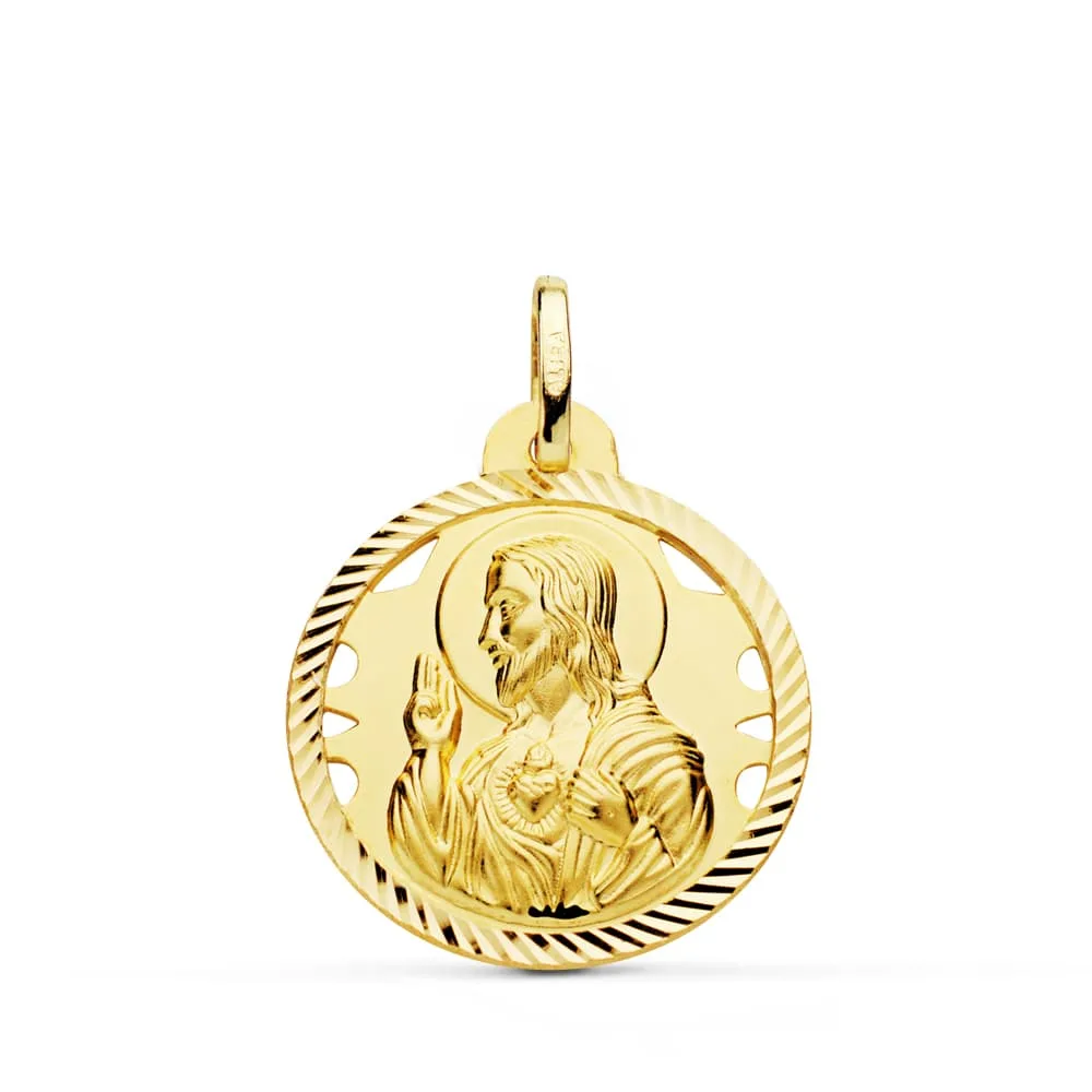 18K MEDALLA ORO AMARILLO CRISTO SAGRADO CORAZON DE JESUS HELICE CALADA 22 MM