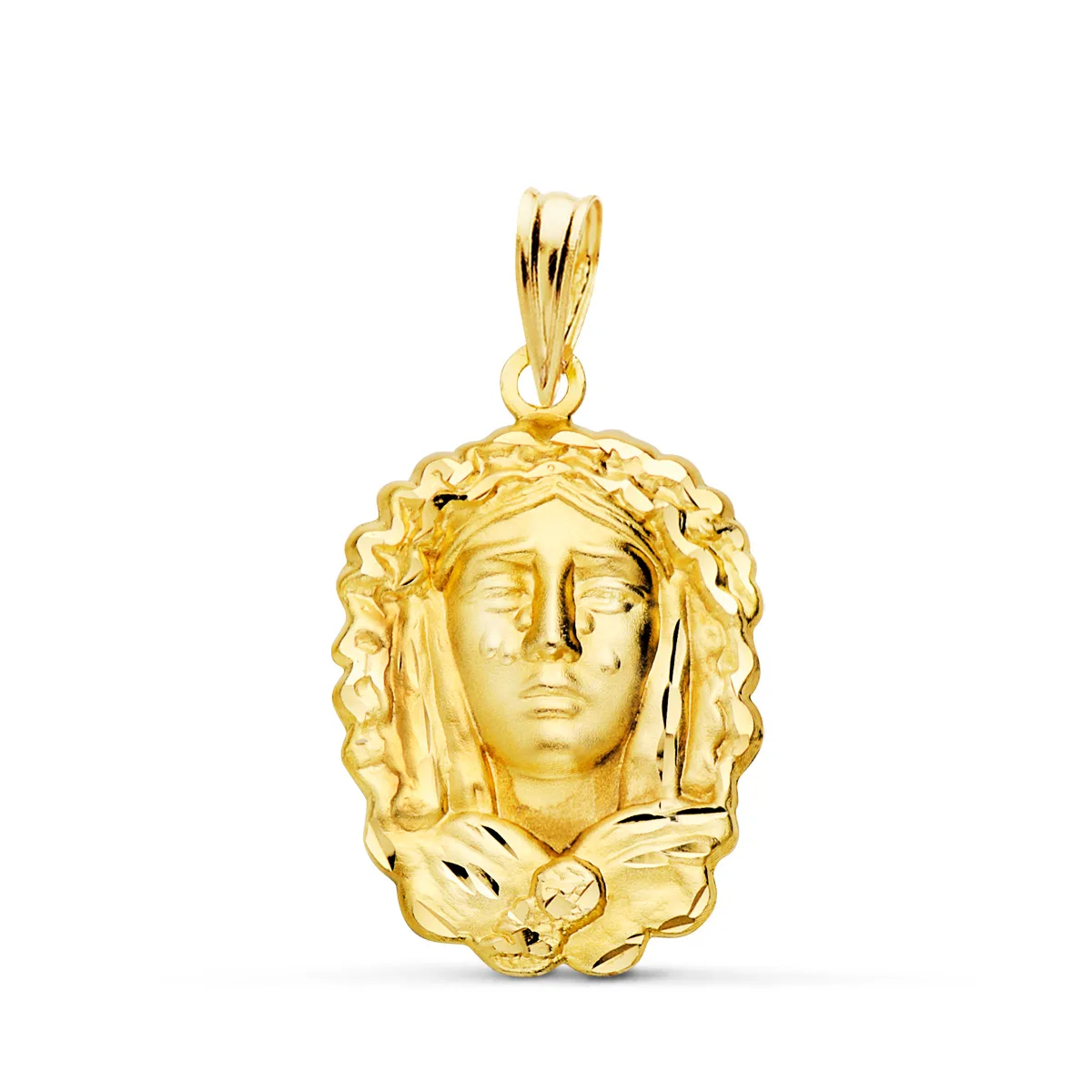 18K MEDALLA ORO AMARILLO SILUETA VIRGEN MARIA DE LA O 22X15 MM TALLADA