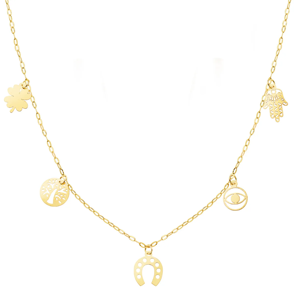 18K GARGANTILLA ORO AMARILLO CON COLGANTES DE LA SUERTE CADENA FORZADA 42   3 CM
