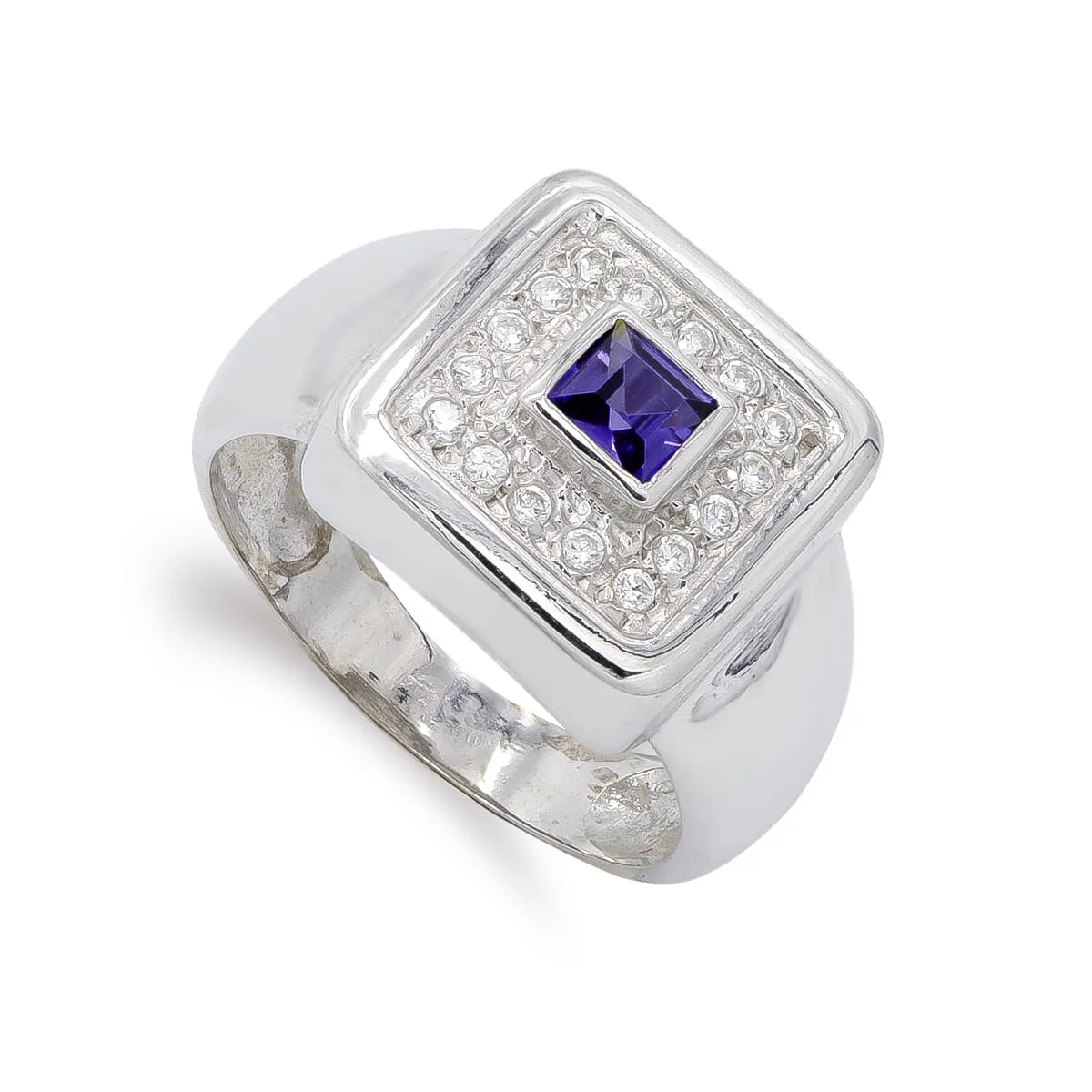 18K SORTIJA ORO BLANCO CON CIRCONITA Y AMATISTA. MOTIVO CUADRADO: 14X14 MM
