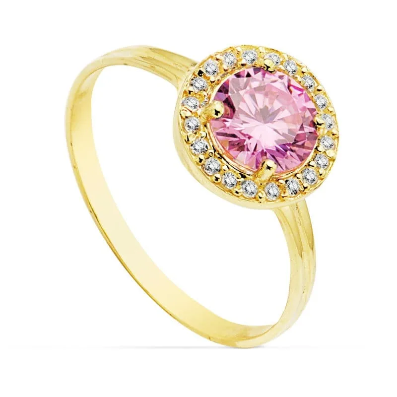18K SORTIJA ORO AMARILLO MOTIVO REDONDO CIRCONITA ROSA 6 MM. ANCHO: 9 MM