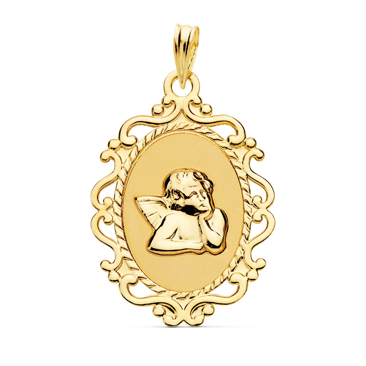 18K MEDALLA ORO AMARILLO ANGEL BURLON BRILLO Y CERCO CALADO 23X16 MM