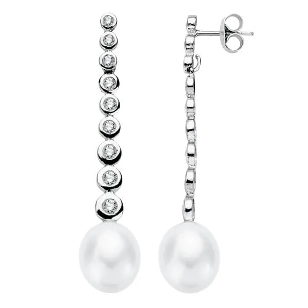18K PENDIENTES ORO BLANCO PERLA 40X8 MM CIERRE PRESION
