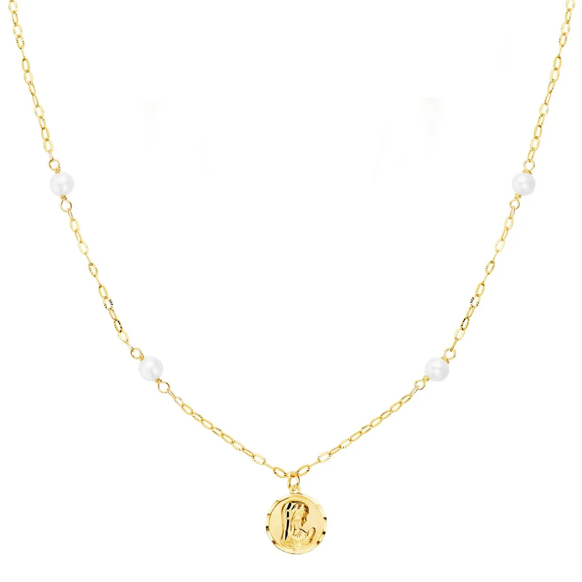 18K GARGANTILLA ORO AMARILLO VIRGEN NIÑA 8 MM PERLAS 3.5 MM CADENA FORZADA 40CM