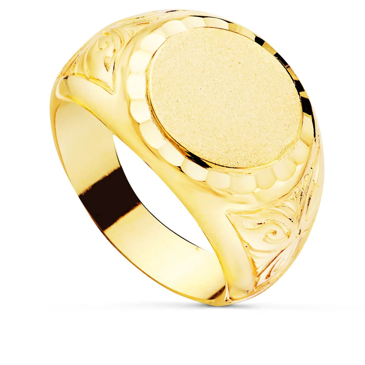18K SELLO CABALLERO ORO AMARILLO REDONDO LATERAL TALLADO. ZONA GRABADO: 14 MM