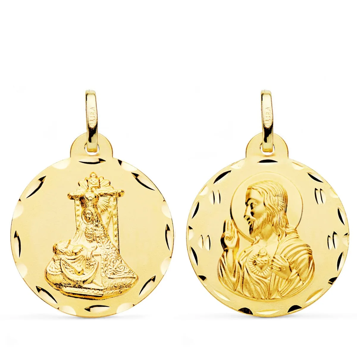 18K MEDALLA ORO AMARILLO ESCAPULARIO ORO AMARILLO VIRGEN DE LAS ANGUSTIAS Y CORAZON DE JESUS TALLADA 24 MM