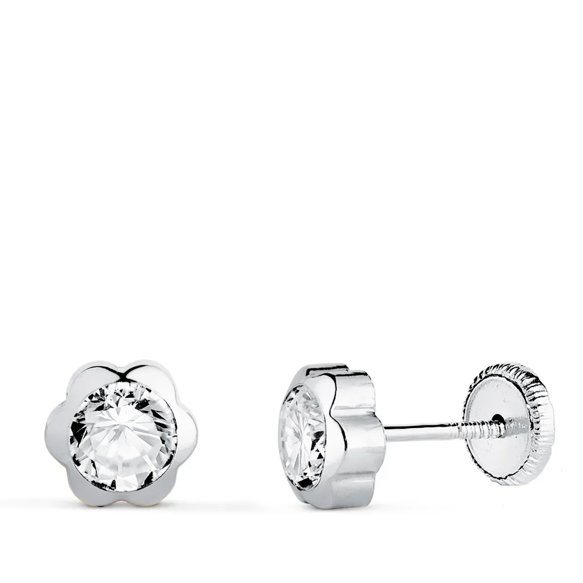 18K PENDIENTES ORO BLANCO CHATON MARGARITA CON CIRCONITA. MEDIDA: 6 X 6 MM. CIERRE TUERCA