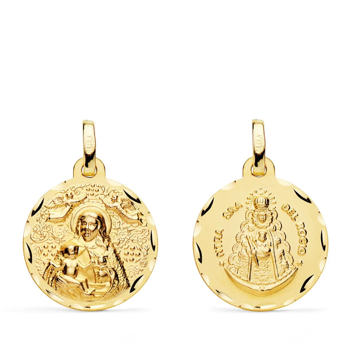 18K MEDALLA ORO AMARILLO ESCAPULARIO ORO AMARILLO VIRGEN DE LA CINTA Y VIRGEN DEL ROCIO 18 MM