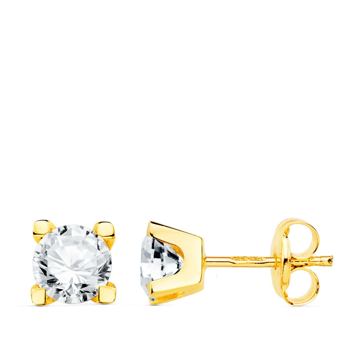 18K PENDIENTES ORO AMARILLO CIRCONITA 5 MM 4 GARRAS CIERRE PRESION