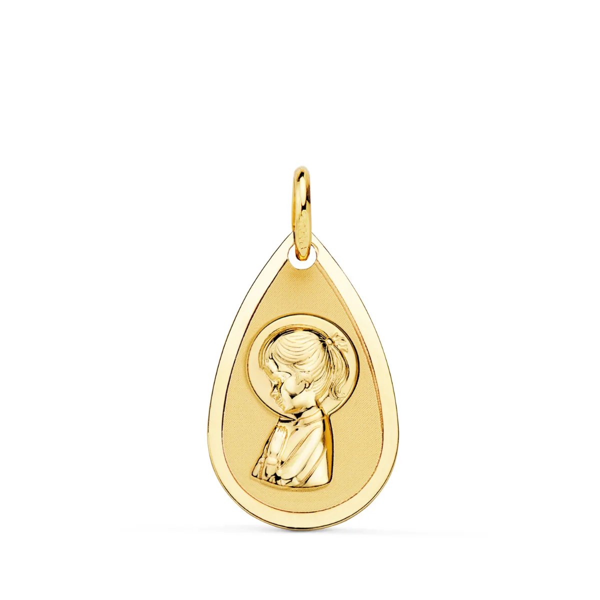 18K MEDALLA ORO AMARILLO VIRGEN NIÑA GOTA EN BRILLO 19X11 MM