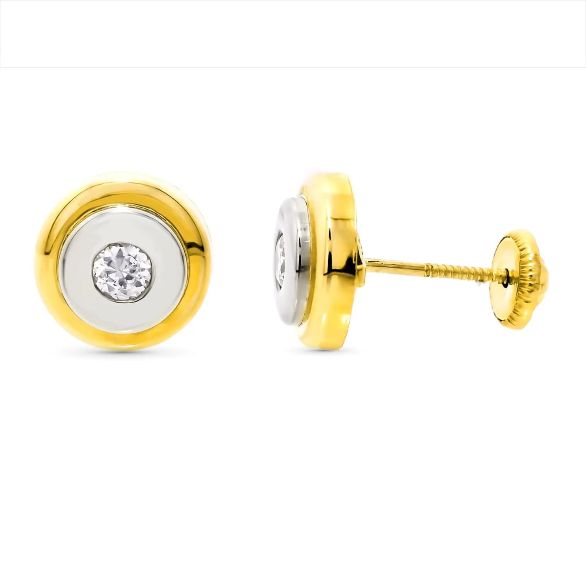 18K PENDIENTES ORO BICOLOR REDONDOS 9 MM CIERRE TUERCA