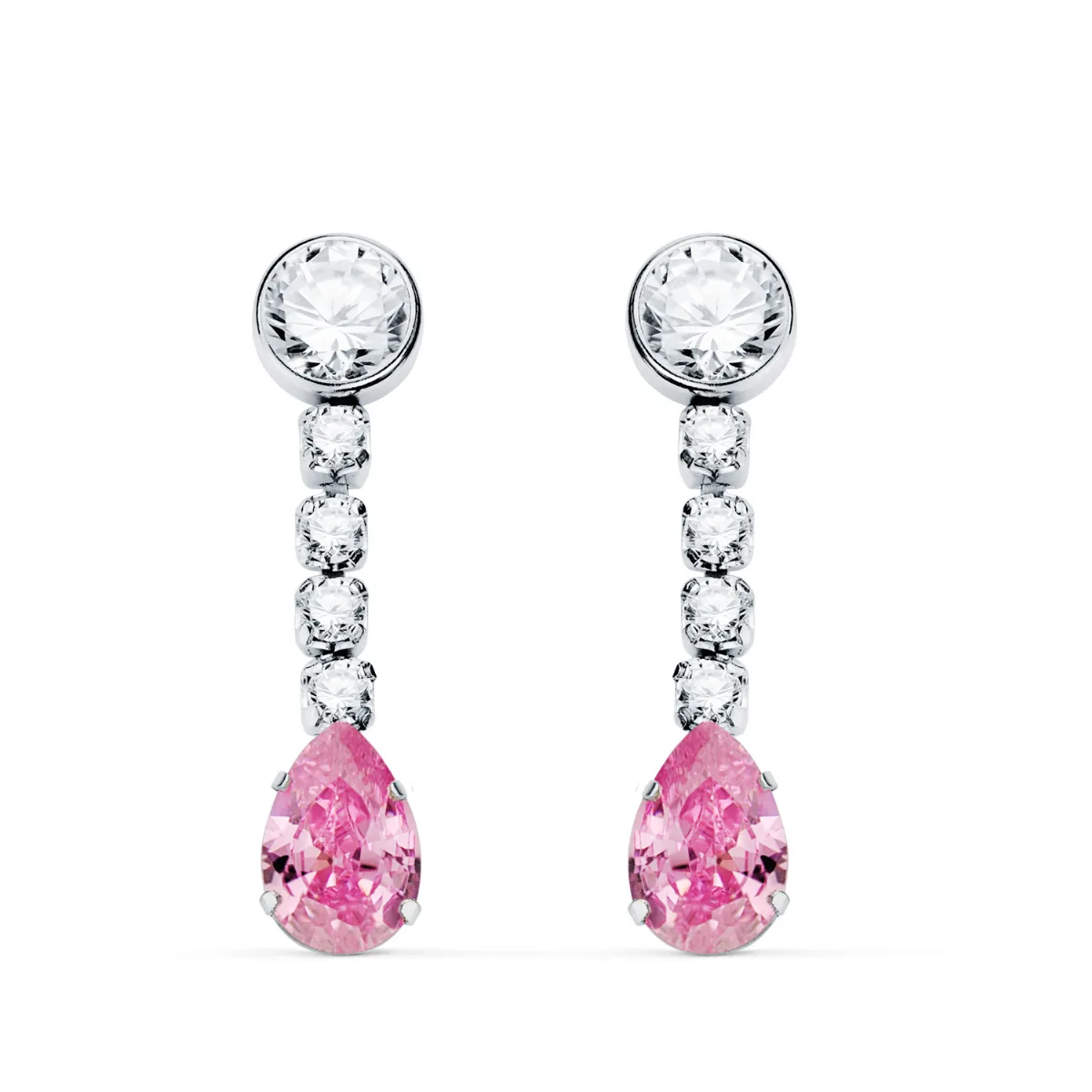 18K PENDIENTES ORO BLANCO PIEDRA ROSA GOTA Y CIRCONTIAS. 22X5 MM. CIERRE PRESION — vista 2