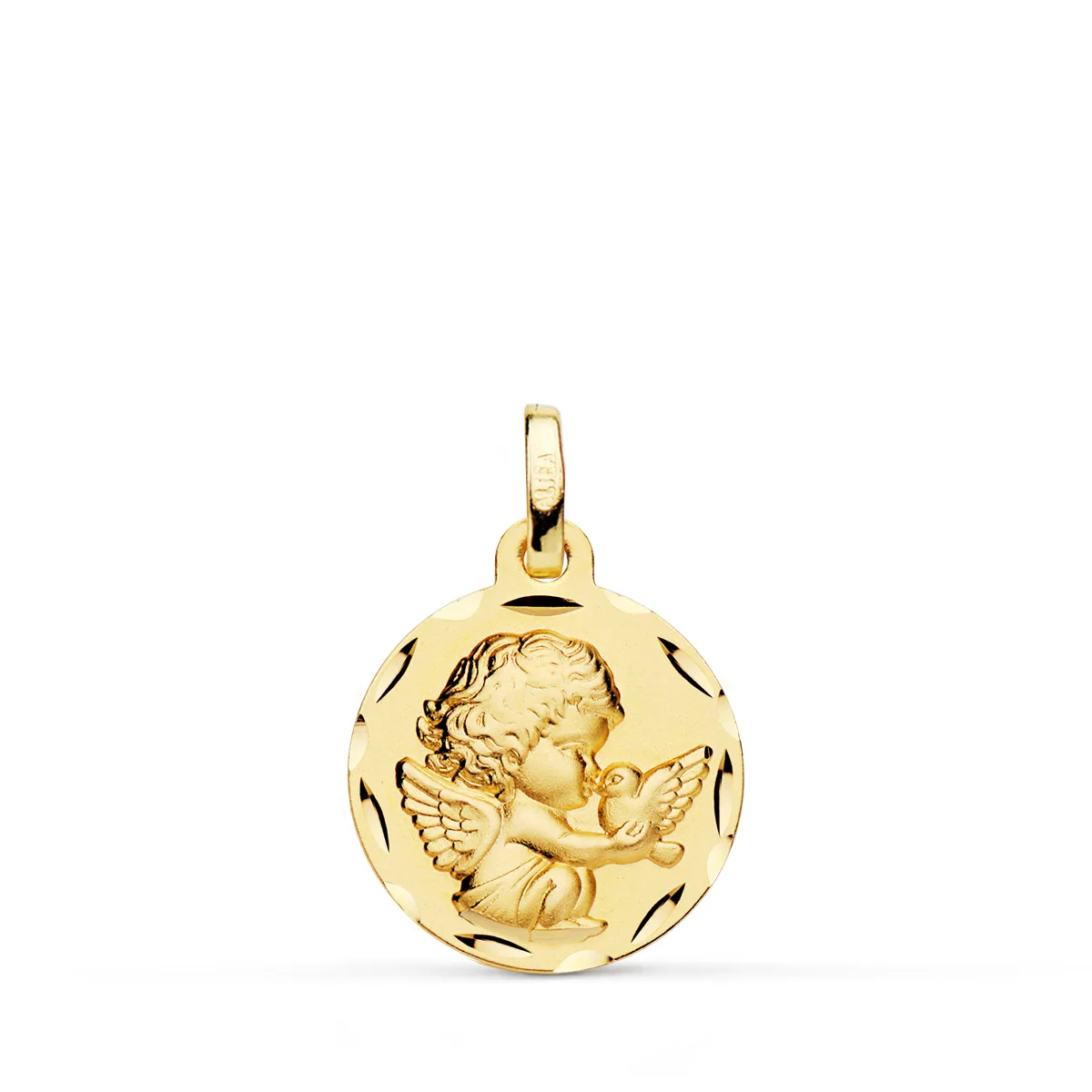 18K MEDALLA ORO AMARILLO ANGEL NIÑO  BURLON CON PALOMA TALLADA 16 MM