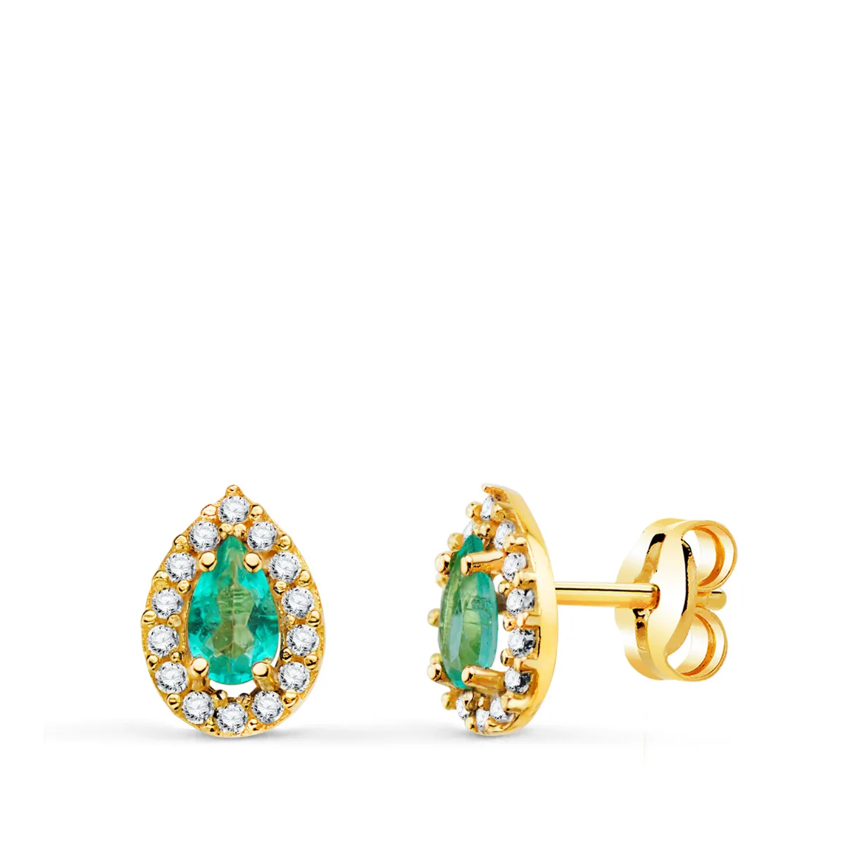 18K PENDIENTES ORO AMARILLO PIEDRA GOTA TOPACIO PARAIBA Y CIRCONITAS. 8,5 X 6 MM. CIERRE PRESION