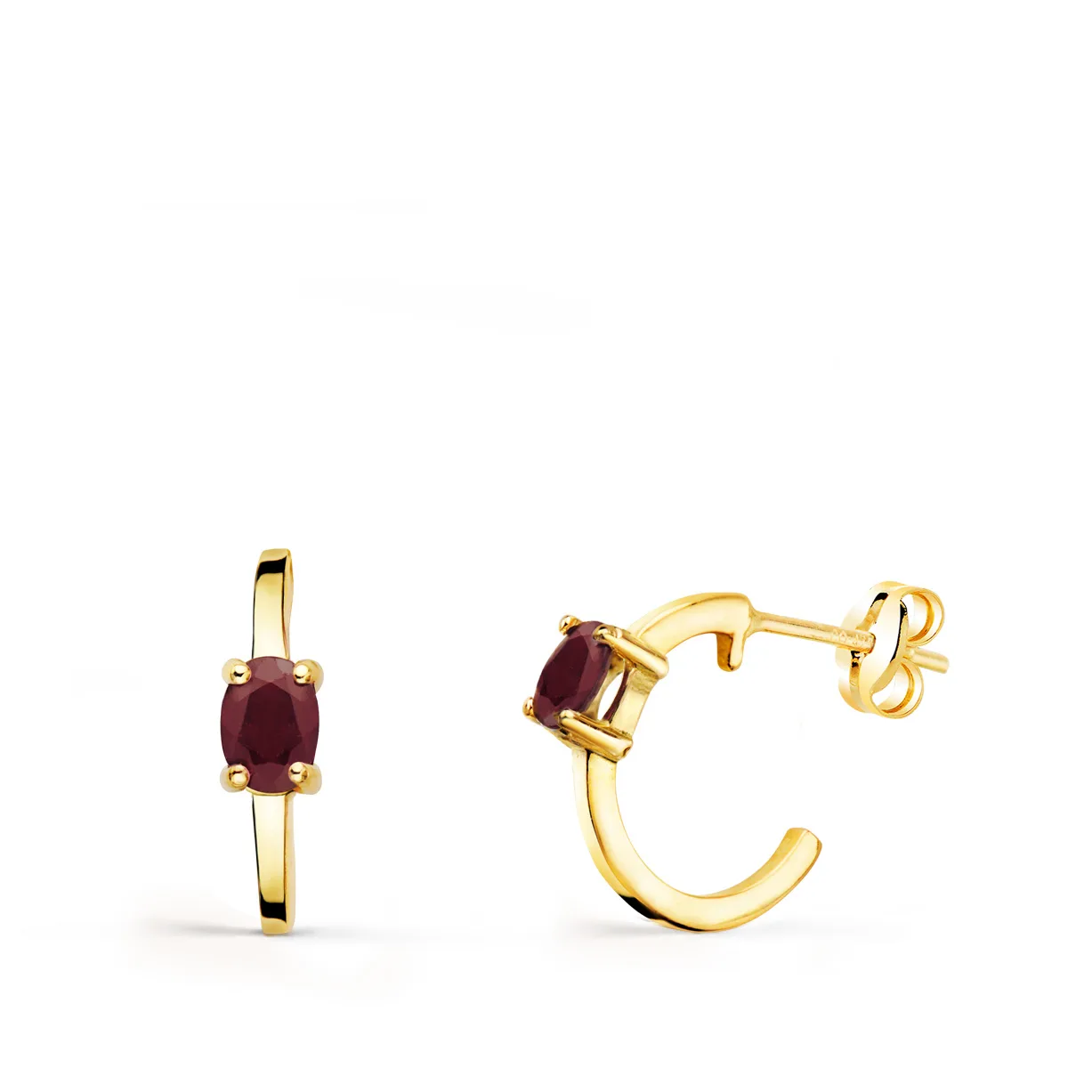 18K PENDIENTES ORO AMARILLO MEDIO ARO LISO CON RUBI 12X3 MM CIERRE PRESION.