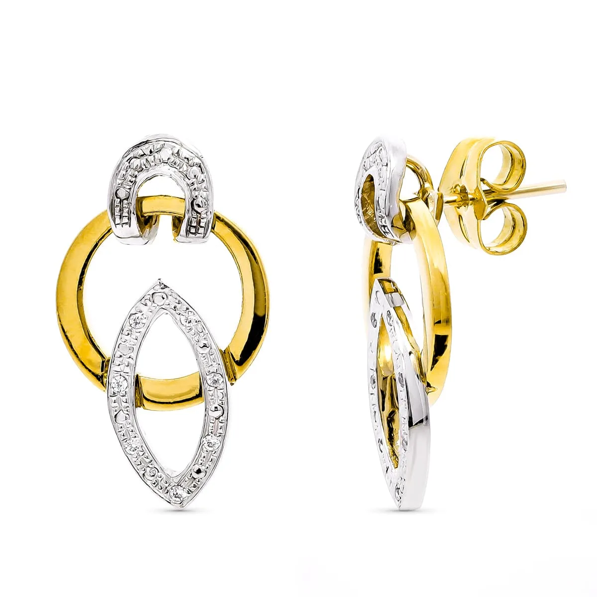 18K PENDIENTES ORO BICOLOR CIRCONITA PRESION. 20X12 MM CIERRE PRESION