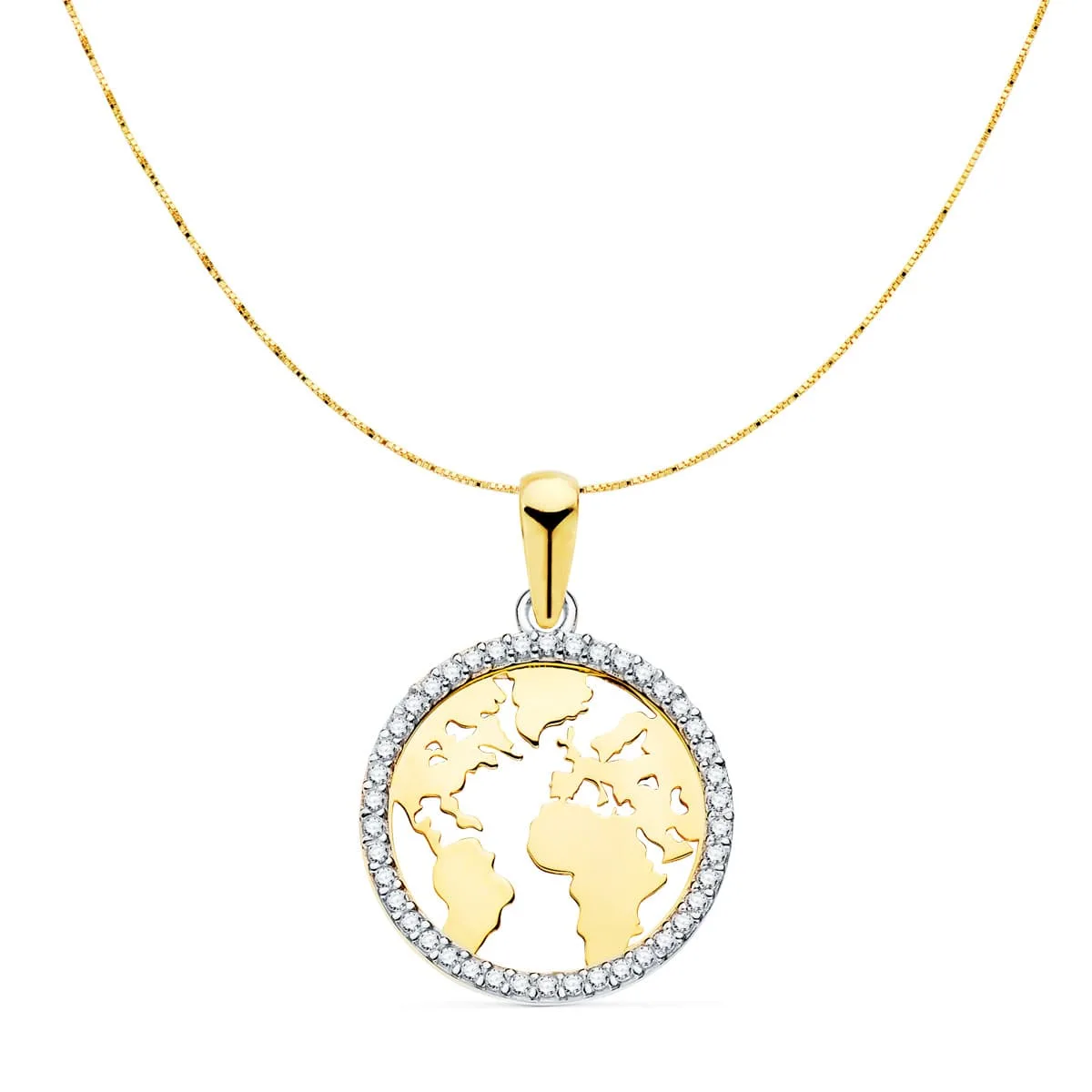 18K COLGANTE MAPAMUNDI ORO BICOLOR BOLA MUNDO CON CIRCONITA 16 MM CAD. VENECIANA 42+3 CM