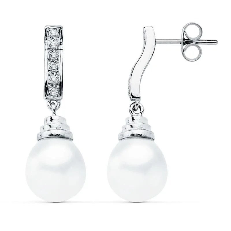 18K PENDIENTES ORO BLANCO PERLA 28X9 MM CIERRE PRESION