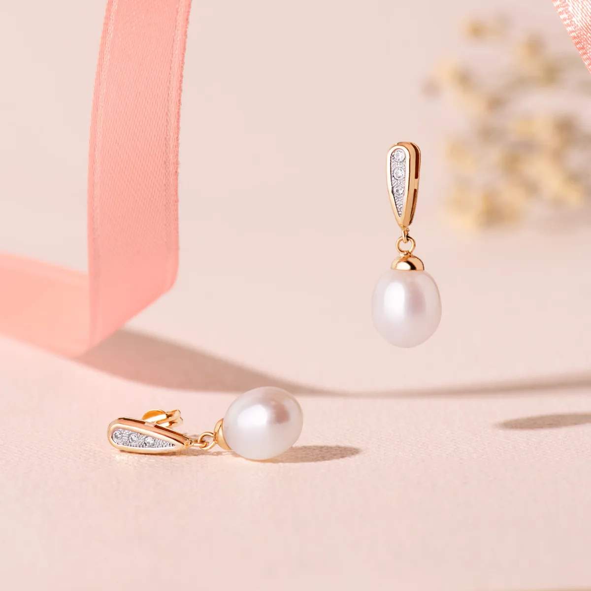 18K PENDIENTES ORO BICOLOR DOS CUERPOS CON PERLAS Y CIRCONITA 25 X 9MM PRESION — vista 2