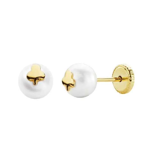 18K PENDIENTES PERLA CULTIVADA ORO AMARILLO TREBOL Y PERLA 6 MM TUERCA