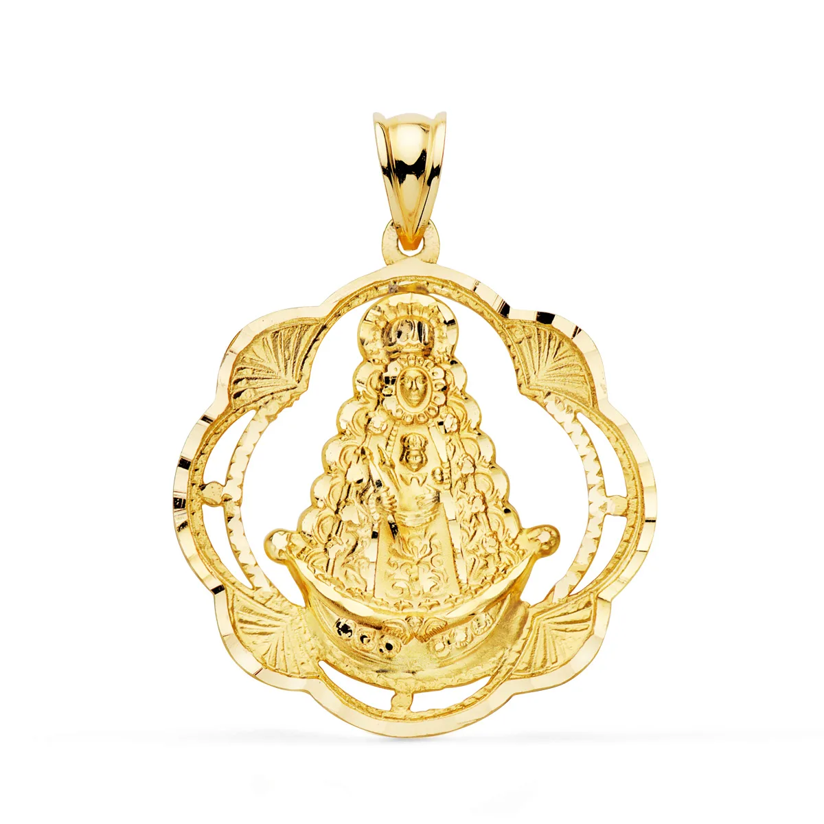 18K MEDALLA ORO AMARILLO VIRGEN DEL ROCIO PANDERETA 31X28 MM