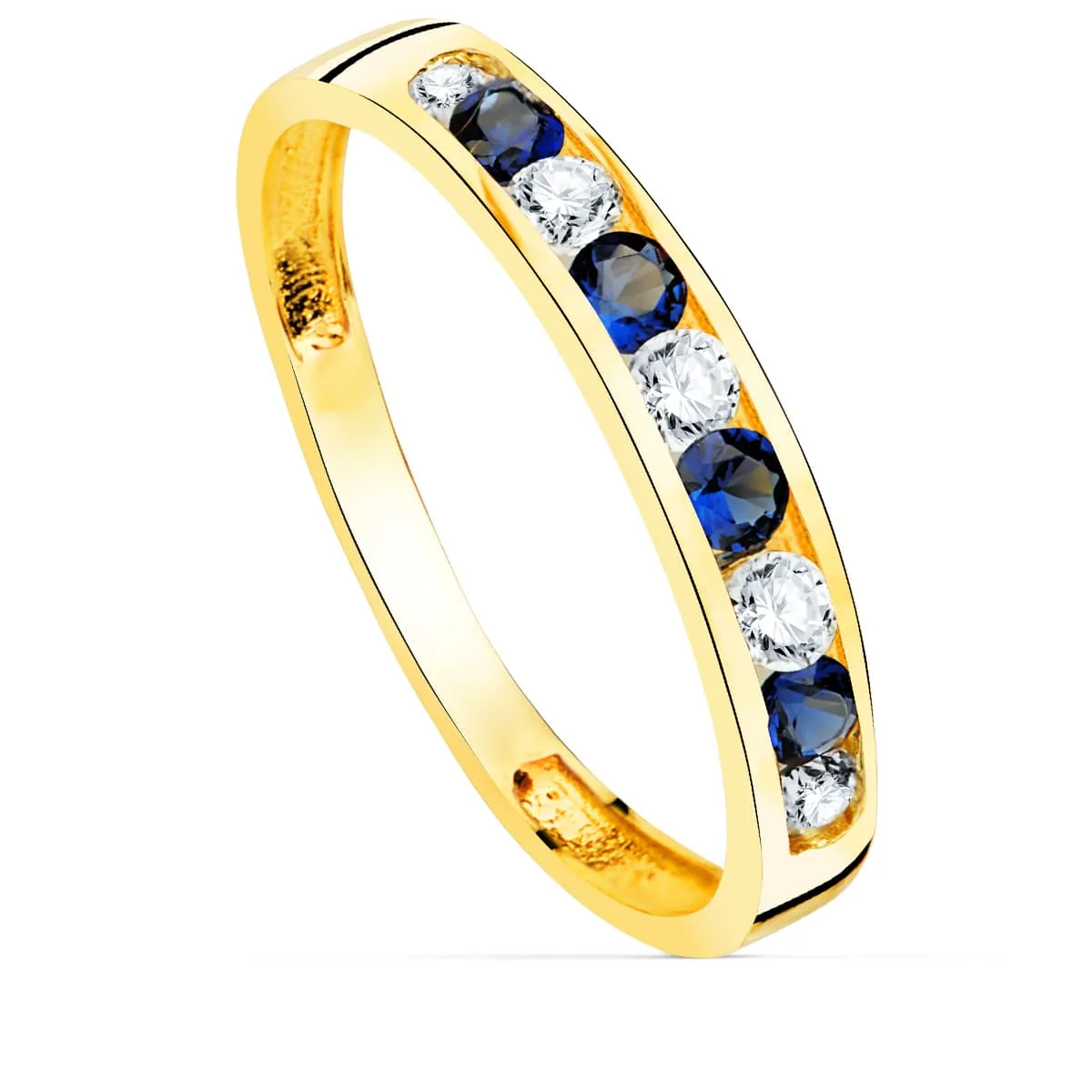 18K SORTIJA ORO AMARILLO 9 CIRCONITA BLANCAS Y AZULES. ANCHO CUERPO 3.5 MM