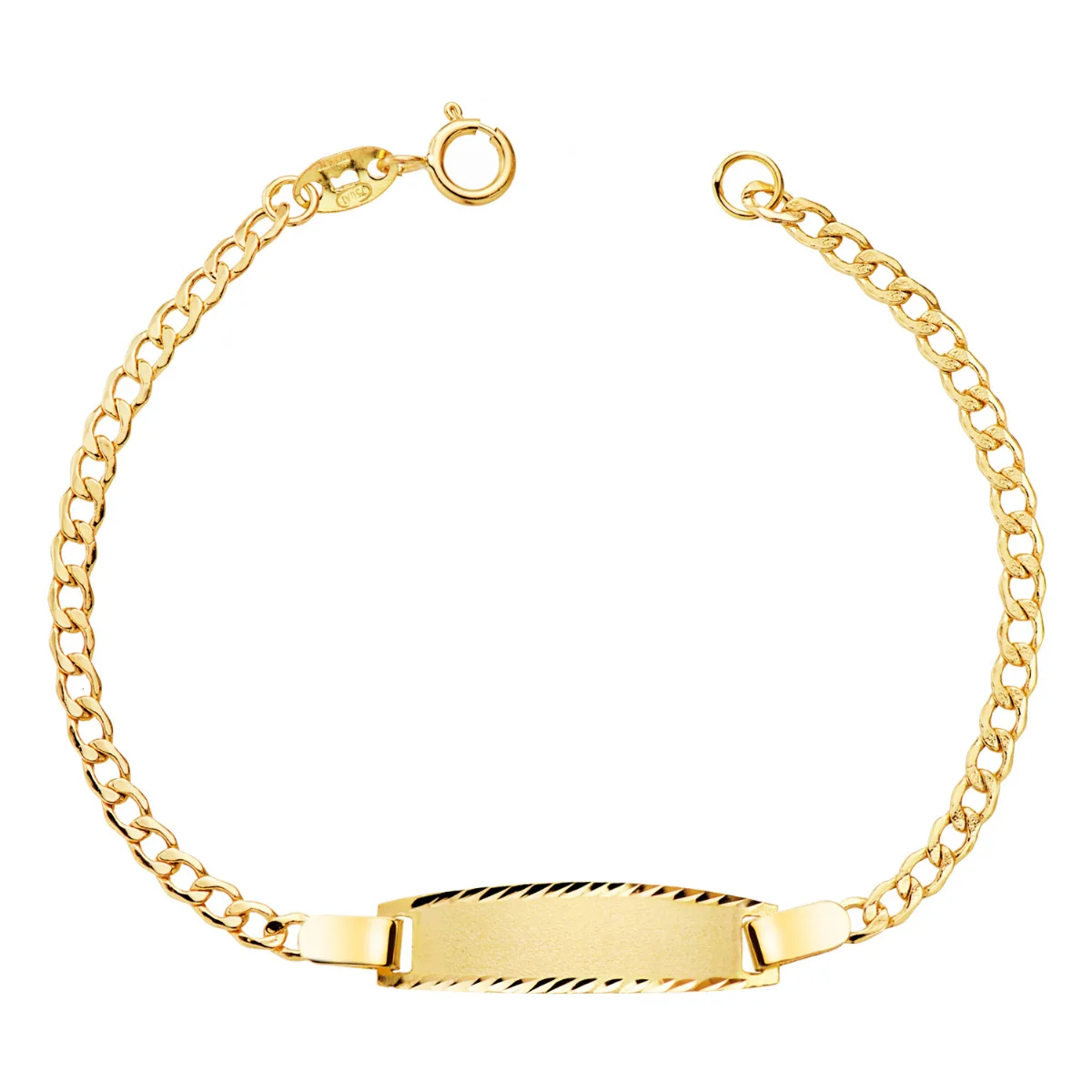 18K ESCLAVA ORO AMARILLO BARBADA HUECA. ANCHO: 2,5MM. PLACA CHAPA: 22X6MM. LARGO 14-5 CM