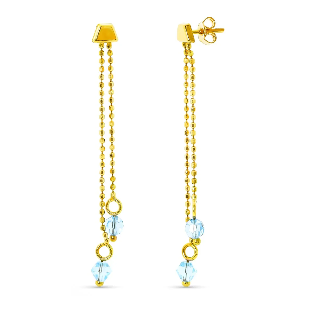 18K PENDIENTES ORO AMARILLO 2 CADENAS CON PIEDRA AGUAMARINA PRESIÓN