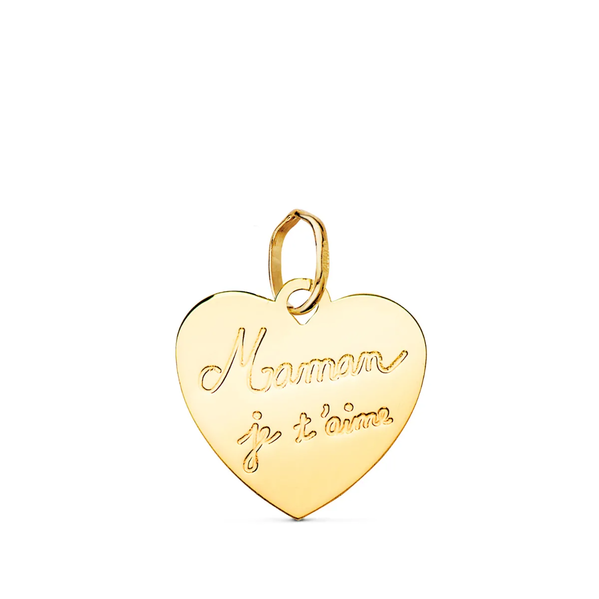 9K COLGANTE ORO AMARILLO CORAZON EN BRILLO MAMAN JE T AIME. 14X14MM