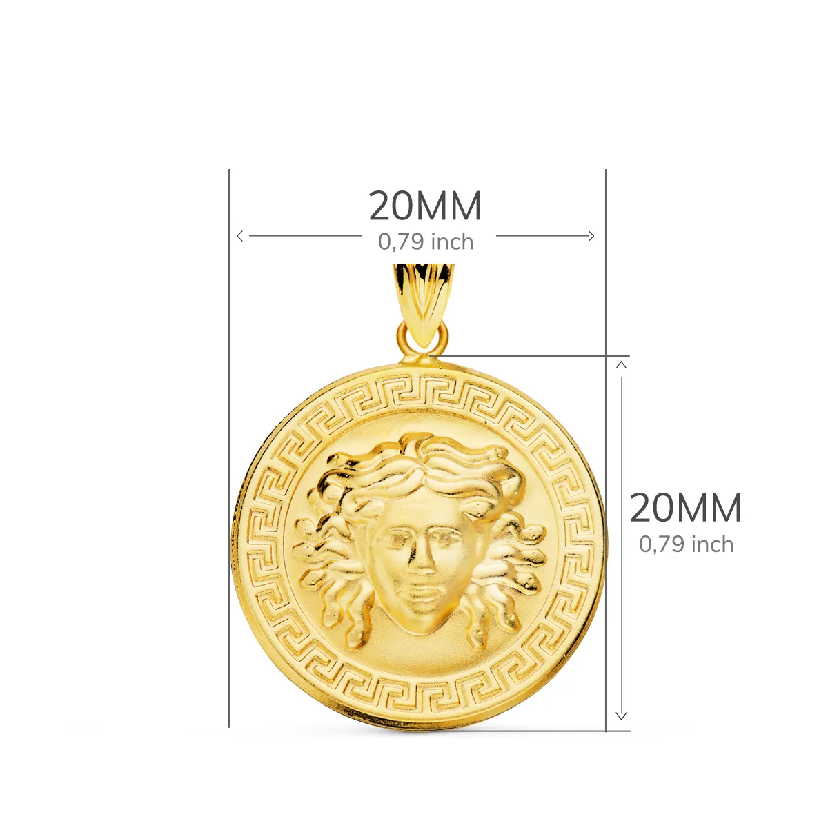 18K MEDALLA ORO AMARILLO MEDUSA CON BORDE DE GRECA MATIZADA 20 MM — vista 2