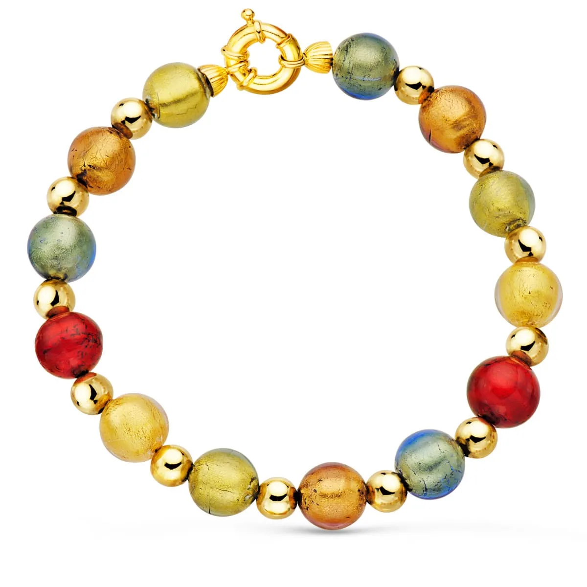 18K PULSERA ORO AMARILLO BOLAS CRISTAL MURANO 10 MM Y BOLAS LISAS 6 MM 21CM