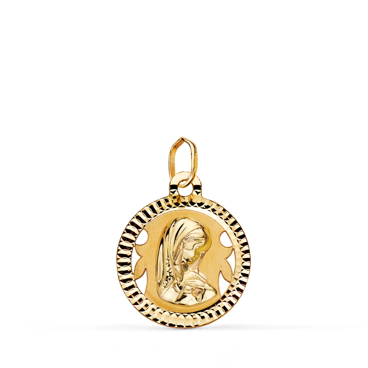 18K MEDALLA ORO AMARILLO VIRGEN NIÑA REDONDA TALLADA MATE Y BRILLO. MEDIDA: 16 MM
