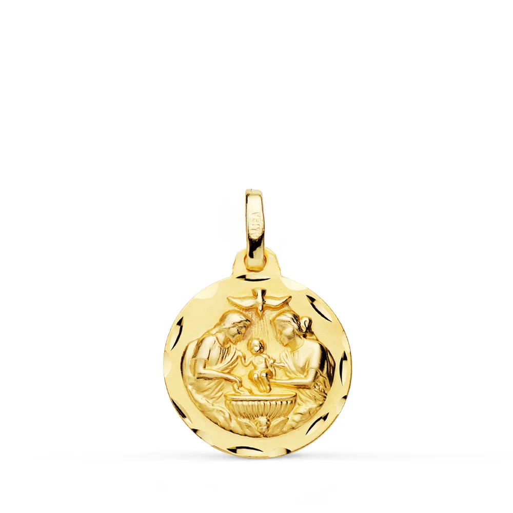 18K MEDALLA ORO AMARILLO NUEVO BAUTISMO TALLADA 16 MM